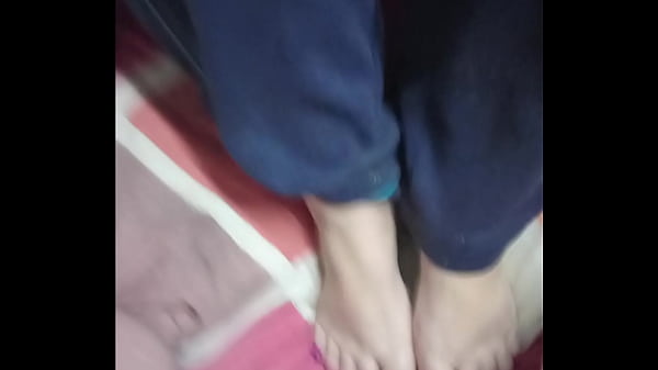 Stacy mom milf gives stepson a very kinky footjob , jizz over her sexy feet