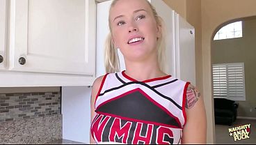 Sexy cheerleader blonde Layla Love gets her fat pussy fucked hardcore by a large dick.
