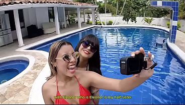 Stepsisters’ tanning day ends in double masturbation with big dildos next to the pool