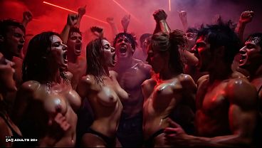 [AI-generated] Red Glow Private Club Rave – Go-Go Dancers, Topless DJ, Flying Big Tits & Crimson Heat Chaos – Rhythm & Skin