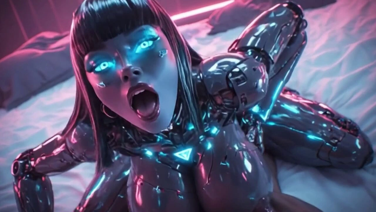 Glossy Robotic Whore in Reverse Cowgirl – Screaming, Squirting Cum from Mouth on Huge Tits