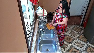 Stepmom fucked hard in the kitchen with big ass and soft tits Real amateur