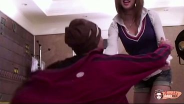 Sensual Asian with small boobs gives a blowjob and is pummeled slowly on the doorsteps